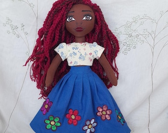 Handmade African American Rag Doll: 14" Braided Hair, Embroidered Face