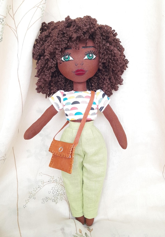 Handmade Black Rag Doll, Curly Hair, Removable Clothes, 14  display picture 2