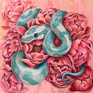 May include: A green snake with a light blue and green pattern is curled around a bouquet of pink peonies. The snake's head is visible, and its eyes are open. The peonies are in full bloom, and their petals are soft and delicate.