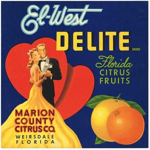 Vintage Citrus Crate Label: El-West Delight Oranges Lithograph (9x9 inches c1930s)