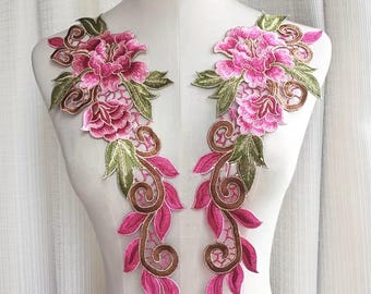 Embroidered Applique: 2pc set Floral Design Embroidery Lace Pink Water Soluble #SHS26