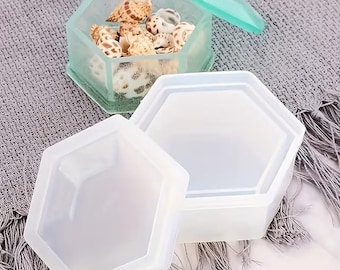 Silicone Mold: 3pc set Square, Heart and Hexagon Lidded Trinket Jar Molds SHS120