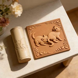 May include: A light brown square ceramic tile featuring a relief sculpture of two cats playing, surrounded by a decorative border of leaves and paw prints, alongside a matching cylindrical ceramic container with a carved cat design.