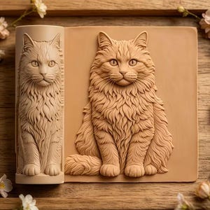 May include: A light tan silicone mold featuring a detailed relief of a long-haired cat. The mold includes a cylindrical section showing the cat in a standing pose and a flat rectangular section displaying the cat in a seated position.