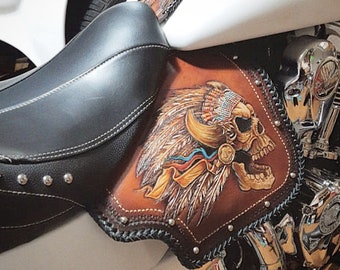 Handmade Leather Heat Shield for Indian Motorcycles - Tooled, Engraved, Hand-painted