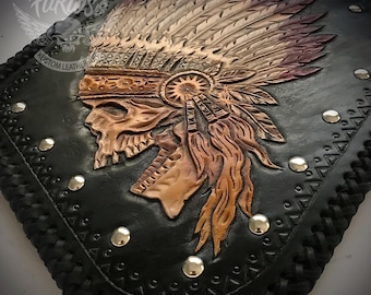 Handmade Leather Heat Shield for Indian Motorcycles - Tooled, Engraved, Hand-painted