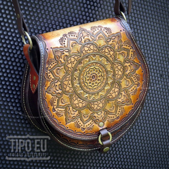 Handmade Tooled Leather Crossbody Bag with Golden Mandala | Etsy