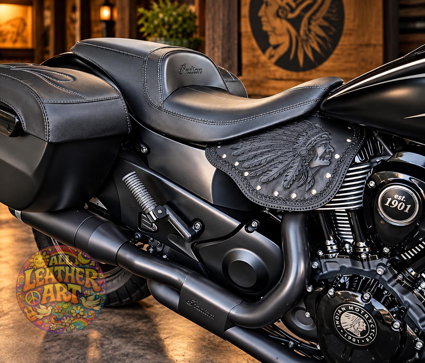 Handmade Leather Heat Shield for Indian Motorcycles - Tooled