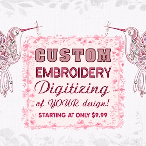 Può includere: Digitalizzazione di ricamo personalizzato del TUO design! A partire da soli $ 9,99. L'immagine presenta due colibrì rosa con intricati motivi floreali, appollaiati su entrambi i lati di un cartello rosa con il testo "CUSTOM EMBROIDERY Digitizing of YOUR design! STARTING AT ONLY $9.99".