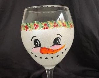 Hand Painted Wine Glass Snowman face