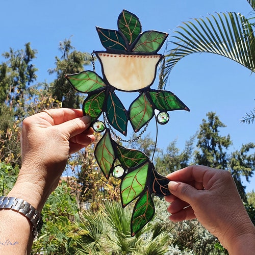 Stained Glass Plant With Green Leaves Suncatcher Colorful Etsy