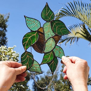 Stained Glass Plant with Green Leaves, Suncatcher Colorful, Stained Glass, Home Decor Original, Gift , Unique Glass Sun Catcher