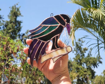 Vetro colorato corvo nero, acchiappasole colorato, Vitrail, vetro colorato, arredamento per la casa, regalo originale, Tiffanytechnik