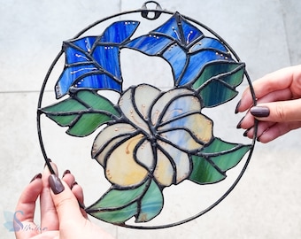 Stained Glass Flowers in a Circle Suncatcher Colorful,Stained Glass,Vitrail,Home Decor Original Gift,Tiffanytechnik,Glasmalerei