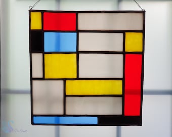 Stained Glass Mondrian Inspired, Suncatcher Colorful, Stained Glass, Home Decor Original, Gift , Unique Glass Sun Catcher