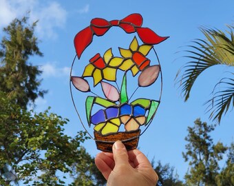 Cesto di fiori in vetro colorato, acchiappasole colorato, vetro colorato, decorazioni per la casa originali, regalo, acchiappasole in vetro unico