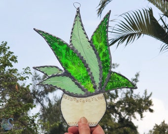 Pianta succulenta in vaso, acchiappasole colorato, vetro colorato, arredamento originale per la casa, regalo, fatto a mano