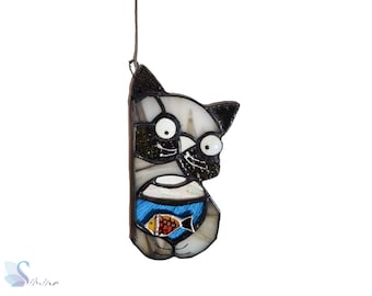 Stained Glass Cat with Fish, Suncatcher Colorful, Stained Glass, Home Decor Original, Gift, Unique Glass Sun Catcher