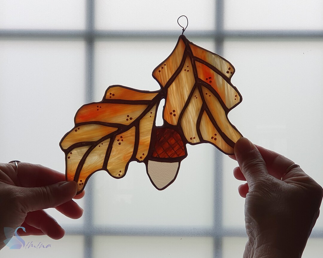 Stained Glass Acorn With Autumn Leaves, Suncatcher Colorful, Stained