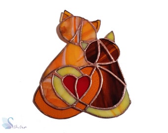 Cats and Heart Stained Glass Handmade, Suncatcher Colorful, Stained Glass,Vitrail, Home Decor Original, Gift ,Tiffanytechnik,Glasmalerei