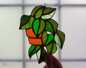 Pianta in vetro colorato con foglie verdi, acchiappasole colorato, vetro colorato, arredamento originale per la casa, regalo, acchiappasole in vetro unico