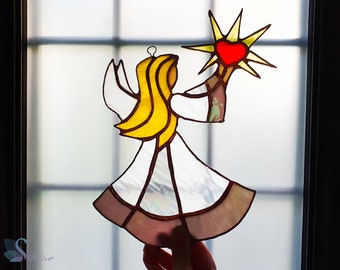 Stained Glass Big Angel with Heart, Suncatcher Colorful, Stained Glass,Vitrail, Home Decor Original, Gift , Unique Glass Sun Catcher