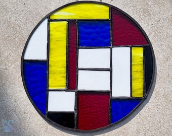 Stained Glass Mondrian Inspired, Round Suncatcher Colorful, Stained Glass, Home Decor Original, Gift , Unique Glass Sun Catcher