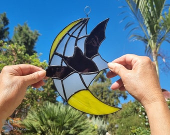Stained Glass Yellow Moon and Bat, Suncatcher Colorful, Stained Glass, Home Decor Original, Gift, Unique Glass Sun Catcher Halloween