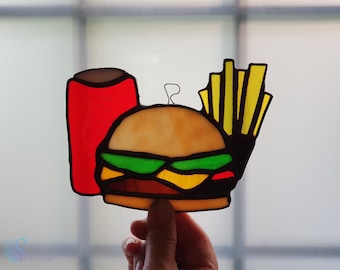 ステンドグラスのバーガーサンキャッチャー：手作りのグルメダイナーの
