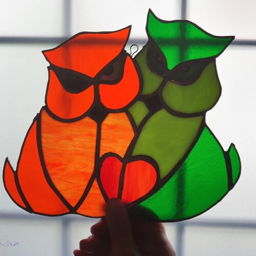 Stained Glass orders Two Heartbound Owls, Suncatcher Colorful, Stained Glass, Home Decor Original, Gift , Unique Glass Sun Catcher