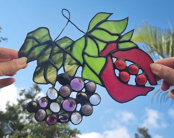 Stained Glass Grapes and Pomegranate, Suncatcher Colorful, Stained Glass, Home Decor Original, Gift, Unique Glass Sun Catcher