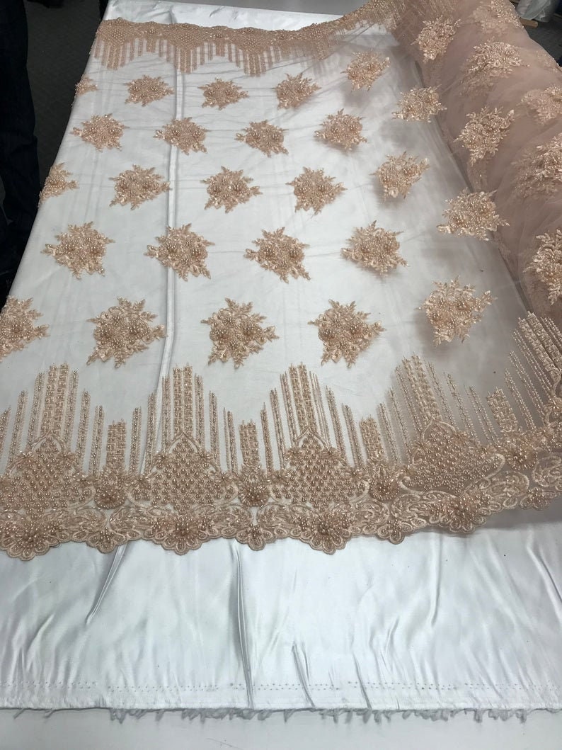 Beaded Fabric By Yard Lace Heavy Beads For Bridal Veil Flower Etsy