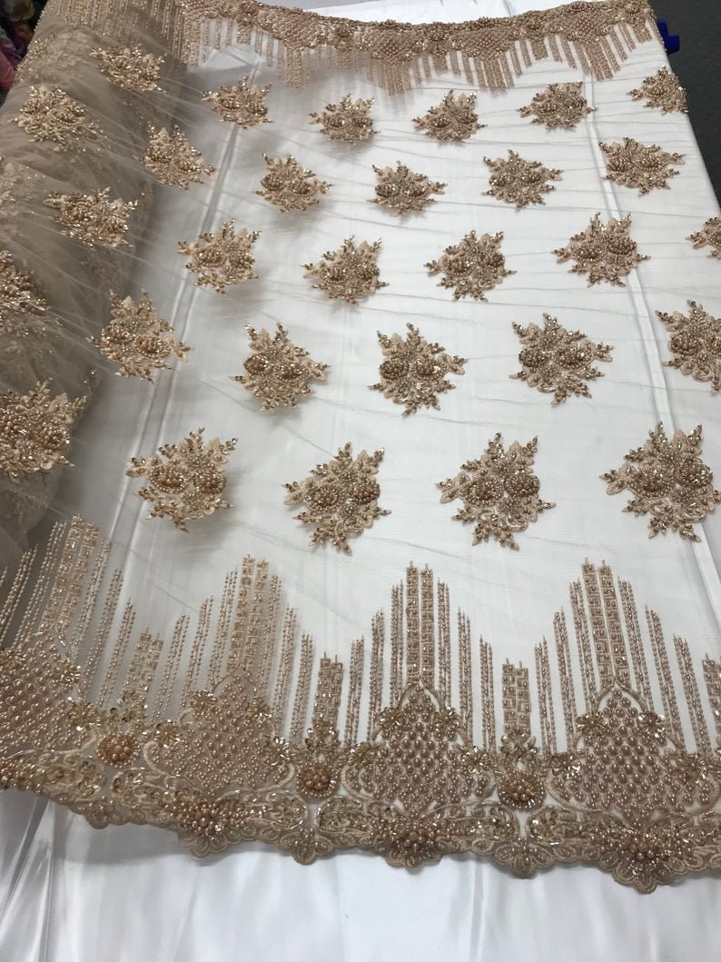 Beaded Fabric By Yard Lace Heavy Beads For Bridal Veil Flower Etsy