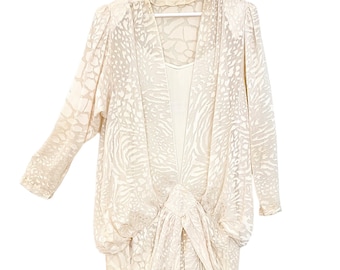 Magnifique RARE vintage des années 80 à 20 ans en soie velours ivoire imprimé animal burnout taille basse robe de soirée