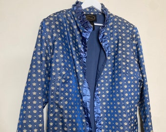 Vintage blue brocade print jacket / silk ruffle piping detail / 2X plus