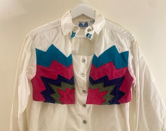 Funky Vintage 80s 90s Western Suede Patchwork Shirt Shacket