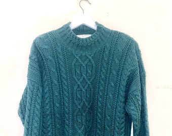 Vintage Oversized Green Cable Knit Pullover Sweater Mock Turtleneck