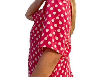 Blusa vintage de seda con lunares blancos y rosas de los años 80