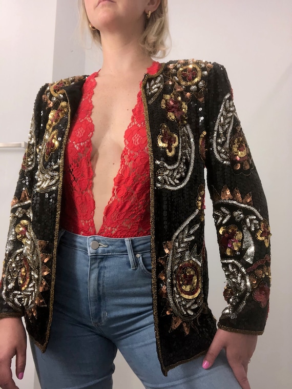 Vintage 1980s Floral Sequin Beaded Blazer Jacket M
