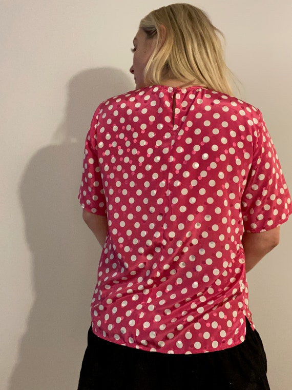 vintage 80s pink and white polka dot silk blouse - image 5