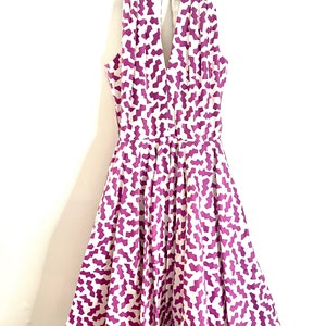 Vintage 80s Halter Neck Full Skirt Party Dress with Magenta Squiggle Pattern