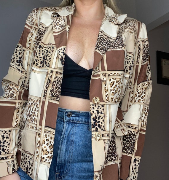 Vintage 90s animal print patchwork silk neutral t… - image 1