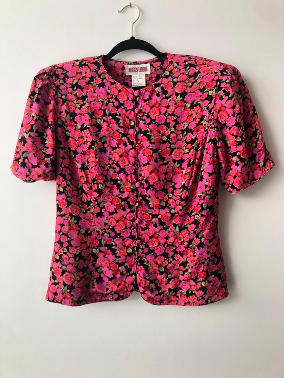 Vintage 80s Floral Pink Puff Sleeve Blouse Medium - image 6