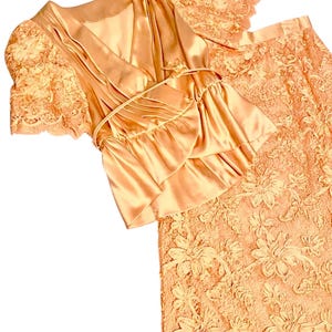 Vintage Silk Peplum Top and Skirt with embroidered floral details and lace
