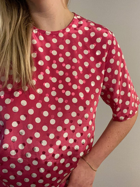 vintage 80s pink and white polka dot silk blouse - image 1
