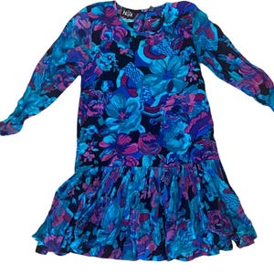 Vintage 80s 90s Floral Cotton Drop Waist Ruffle Dress