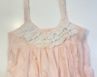 Vintage Pink Cotton White Eyelet Ruffle Long Nightgown