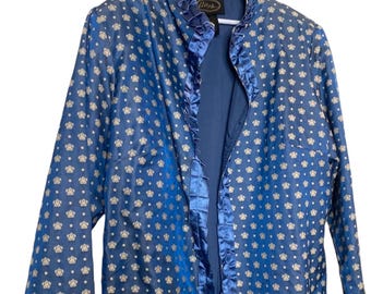 Vintage blue brocade print jacket / silk ruffle piping detail / 2X plus