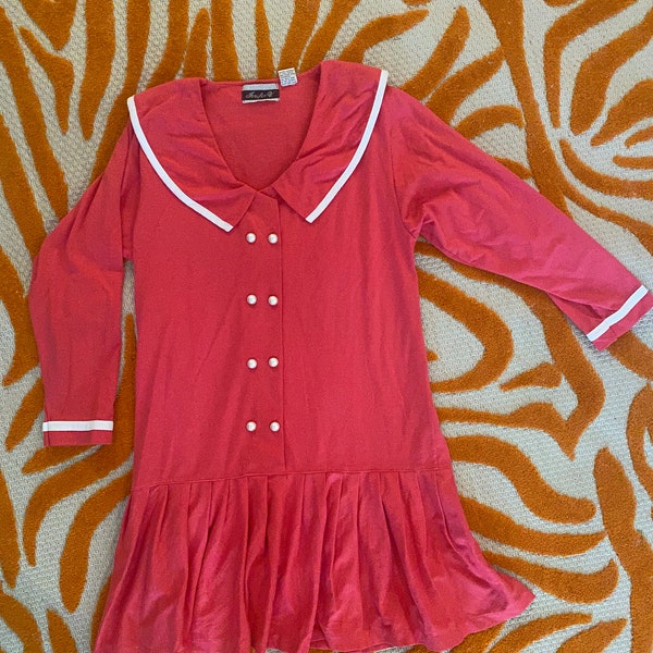 Vintage 80s 90s Magenta Sailor Dress with Pearl Buttons & Cotton Pleat Hem Skirt Size M/L; Vintage Red Dress