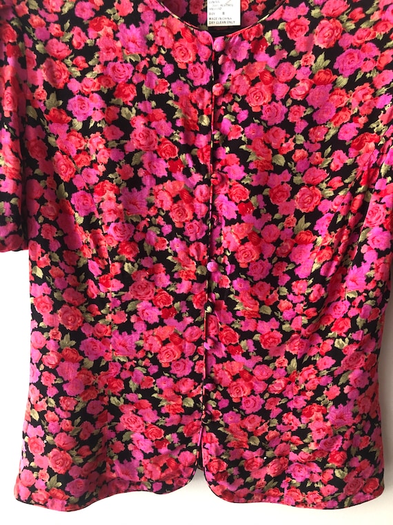 Vintage 80s Floral Pink Puff Sleeve Blouse Medium - image 7